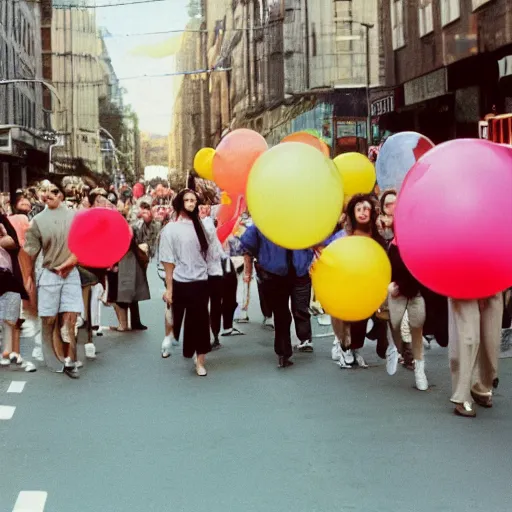 Prompt: A large group of people parading through the street holding lots of balloons, calm afternoon, natural lighting, 1990s