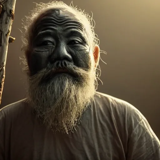 Image similar to full body shot of old asian man with long beard, his head covered in roots, full face occult silver mask, glowing eyes, holding a large carved wooden fractal stick, thick smoke around him, in the burning soil desert, cinematic shot, wide angle, desert background, volumetric lighting by Denis Villeneuve, Lubezki, Gaspar Noe, Christopher Doyle and Alejandro Jodorowsky, anamorphic lens, anamorphic lens flares, kodakchrome, cinematic composition, practical effects, award winning photo, 8k
