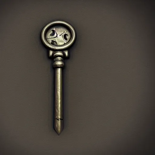 Prompt: metal key for the doors, rpg game inventory item, zoomed on, stylized, perspective view, ArtStation concept