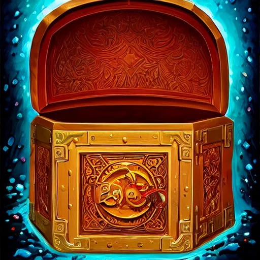 Image similar to a beautiful and vivid and colorful andreas rocha illustration of an engraved, enjeweled wooden pandora's box opening.