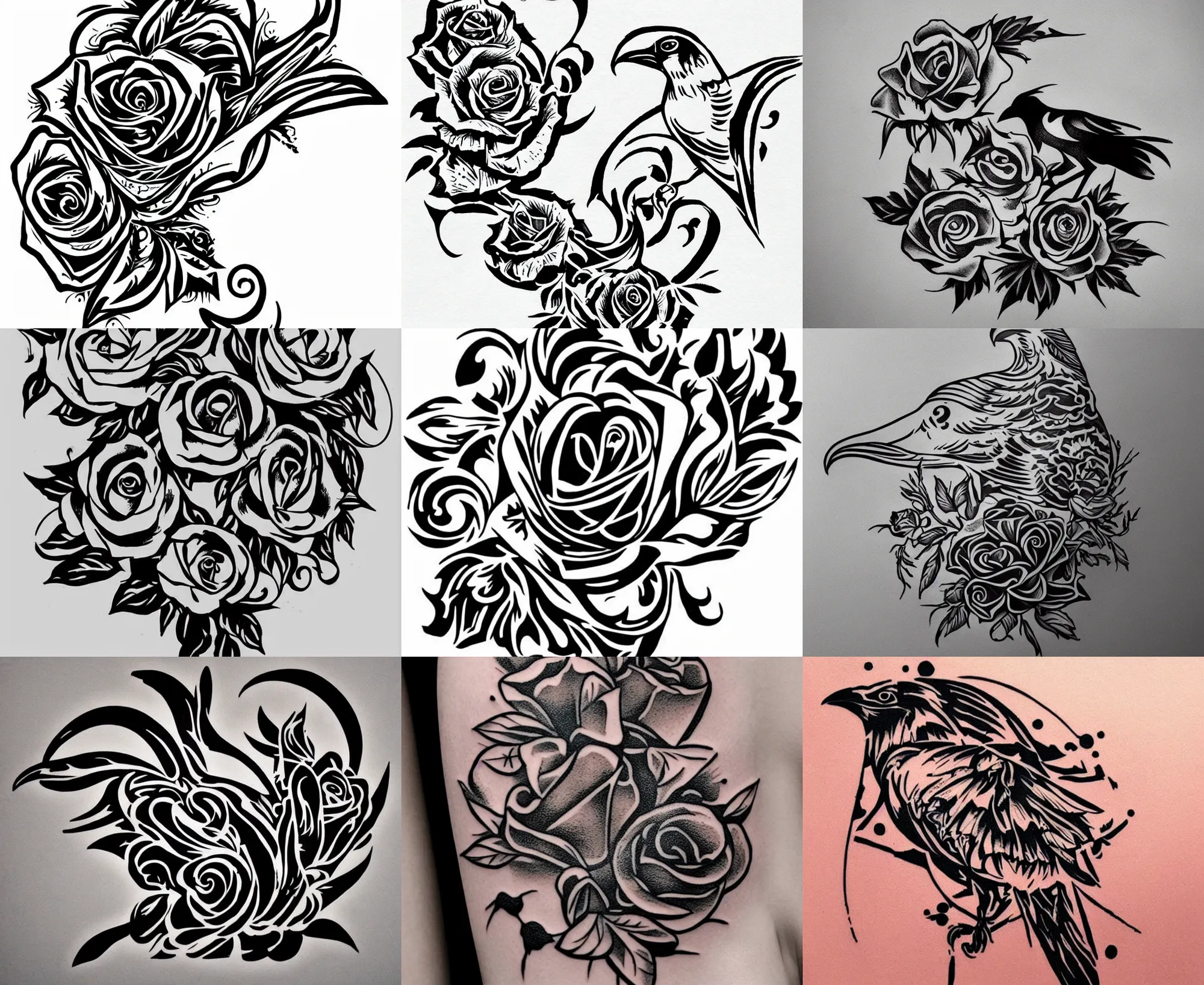 Image similar to Tattoo Stencil stylized crow rose Raven, bold strong lines very highly aesthetic