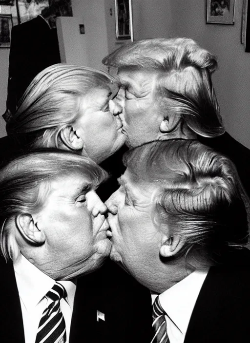 Prompt: beautiful romantic photo of donald trump kissing donald trump.