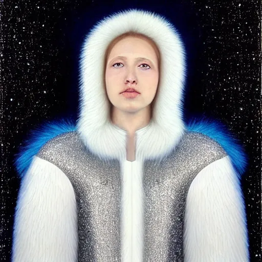 Image similar to highdetailed hyperrealistic painting of white angel in the hood lightning hands with silver sparkles!!!, giant silver ball on the chest!!!!!, 4 k hd fur face!!!, big wings, by jan van eyck, holography space, white sparkles everywhere, thin strokes, white monochrome color!!!!!, hyperrealism textures, soft