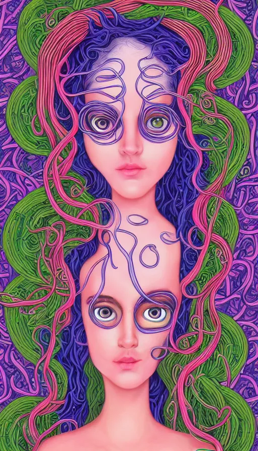 Prompt: very detailed portrait of a 2 0 years old girl surrounded by tentacles, the youg woman visage is blooming from fractal and vines, by lisa frank,