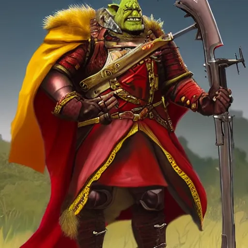 Prompt: Orc male readies his rifle, staring down the telescopic sights. His red and gold cape fluffers in the wind, and his renaissance era armor glistens in the sunshine.
