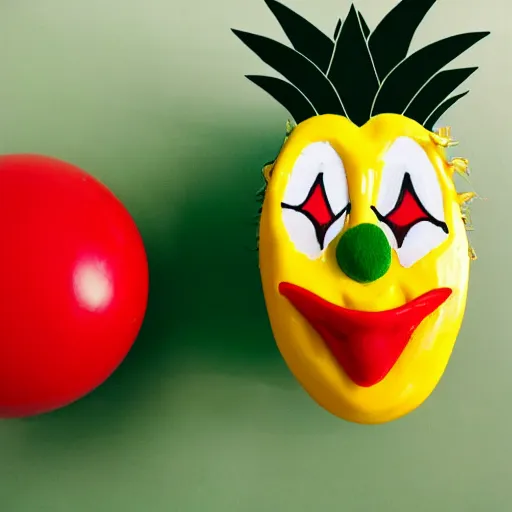 Prompt: an pineapple with a clownmask