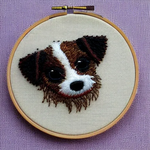 Prompt: a tiny beautiful handmade embroidery of a cute long haired jack russell terrier puppy, white with brown spots and patches over both eyes. hand embroidery.