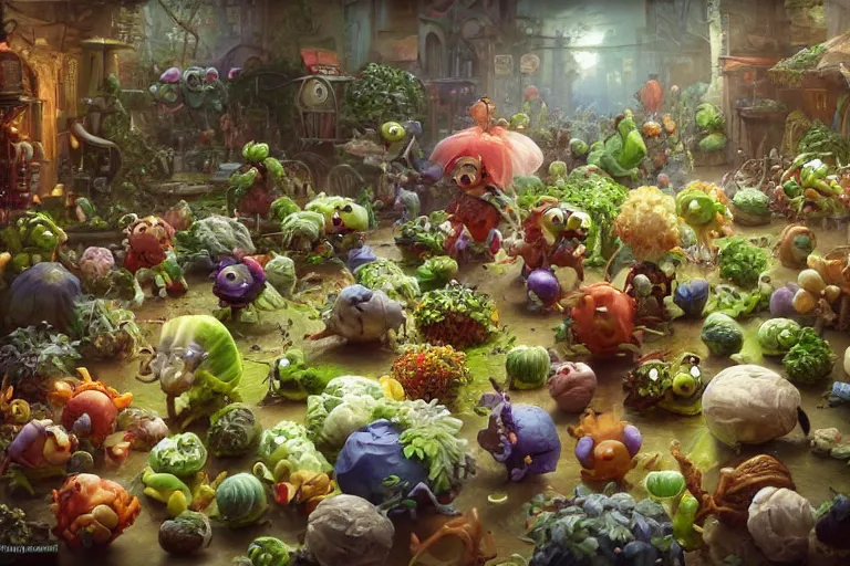 Prompt: miniature vegetable creatures parade. the floor is a cutting board. kitchen environment. digital art, realistic, pixar style, highly detailed, cinematic, matte painting, vivid colors, realistic, epic, low angle, lighting, by greg rutkowski and artgerm and alphonse mucha