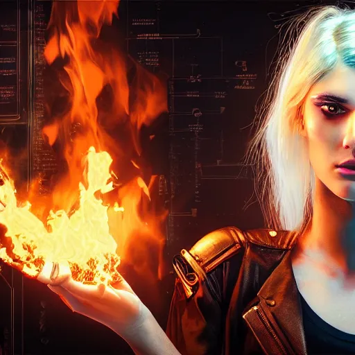 Prompt: beautiful young blond cyberpunk woman, controlling flames with her hands, in destroyed Saint-Petersburg, very detailed, realistic, symmetrical face, sexy, art by digital painting,