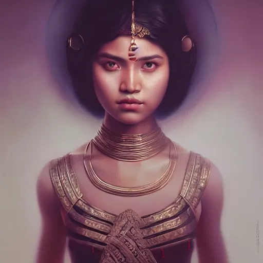 Prompt: beautiful young bihu queen ; portrait by artgerm and tom bagshaw ; trending on artstation ; award winning, cinematic natural dramatic lighting, studio photography by annie leibovitz