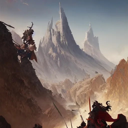 Image similar to mountain made of swords, sunny day, matte painting, bold shapes, hard edges, street art, trending on artstation, by huang guangjian, gil elvgren, ruan jia, randy vargas, greg rutkowski