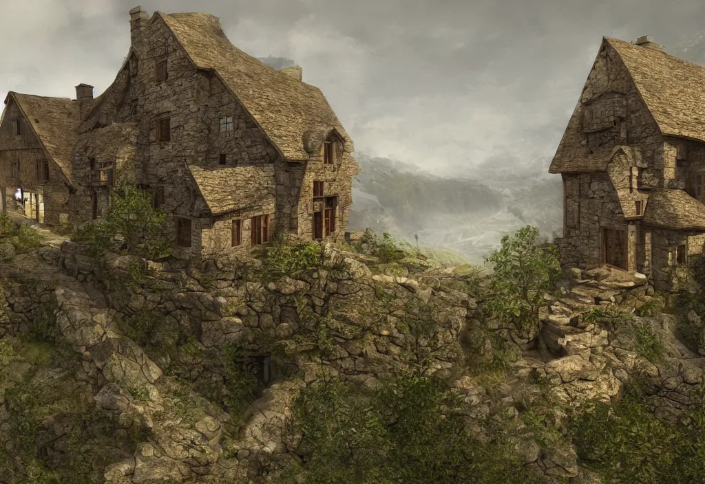 Image similar to a medieval stone house in a mountain near a river, extremely highly detailed, high quality, 8k HDR, trending on Artstation, concept art, cinematic lighting, DeviantArt