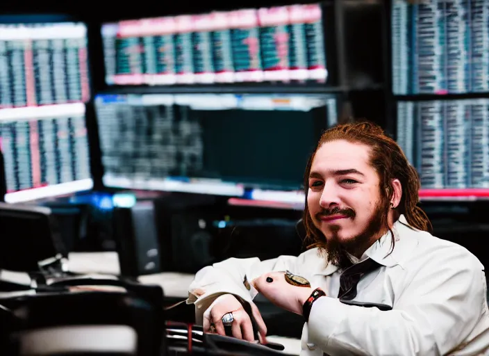 Image similar to dslr photo still of post malone as a stock broker, 8 k, 8 5 mm f 1 6