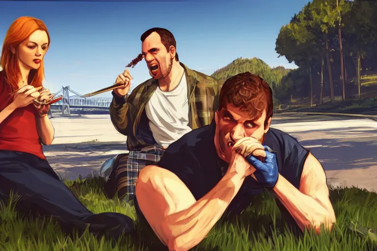 Image similar to a scottish scotland guy eating edible in scotland gta 5 loading screen art, trending on artstation