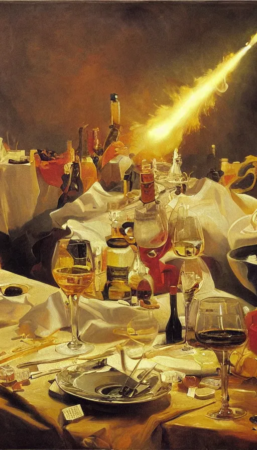 Prompt: still life painting of party hit by nuclear missile, by Peder Krøyer, golden hour, dramatic lighting, epic, gargantuan, intricate detail, canvas print