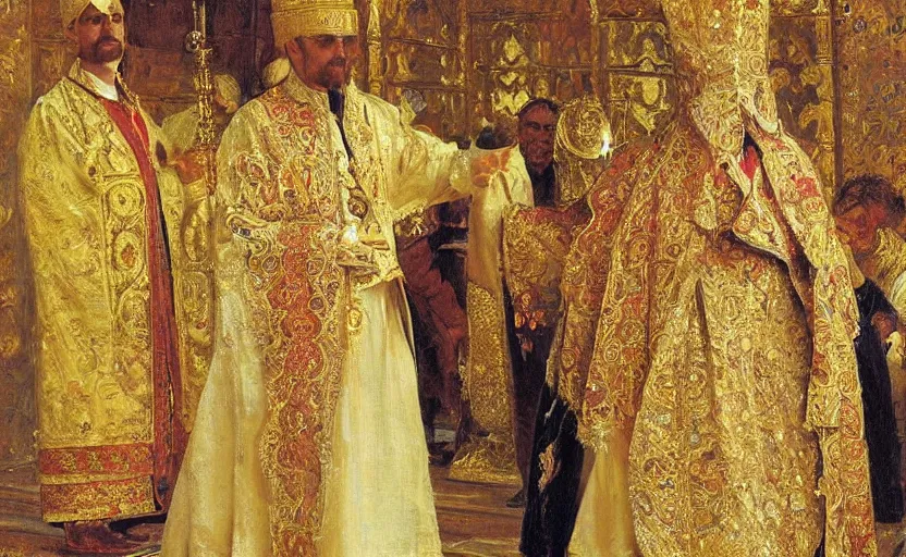 Image similar to high quality high detail painting by ilya repin, the holy priest, intricate costume design, orientalist, partially gold, ornate, elite, luxury, hd