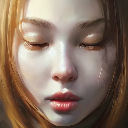 Prompt: a mouth a bit open, two eyes half closed and half a smile on her soul makes a beautiful portrait on the wall. by artgerm, Alina Ivanchenko, Ruan Jia and Mandy Jurgens