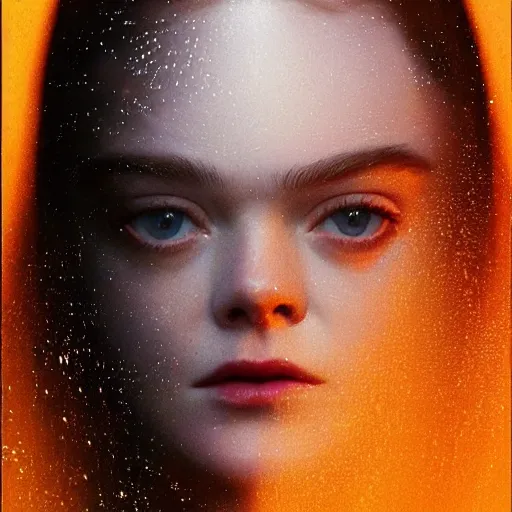 Image similar to Elle Fanning face reflection off a rainy car window, extremely detailed masterpiece, oil on canvas, low-key neon lighting, artstation, Blade Runner 2049, Roger Deakin’s cinematography, by J. C. Leyendecker and Peter Paul Rubens,