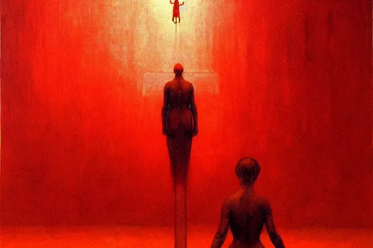 Image similar to only with red, a red angel announce the win, at the gates of a rich renaissance city, pathos, in the style of beksinski, part by hopper, part by rodcenko, part by hofbauer, intricate composition, red by caravaggio, insanely quality, highly detailed, masterpiece, red light, artstation