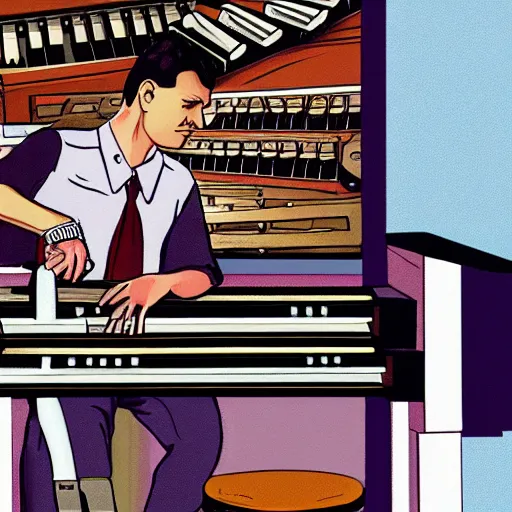 Prompt: GTA V illustration of white teenager with black hair playing an organ in a 1990s instrument shop, cover of GTA V