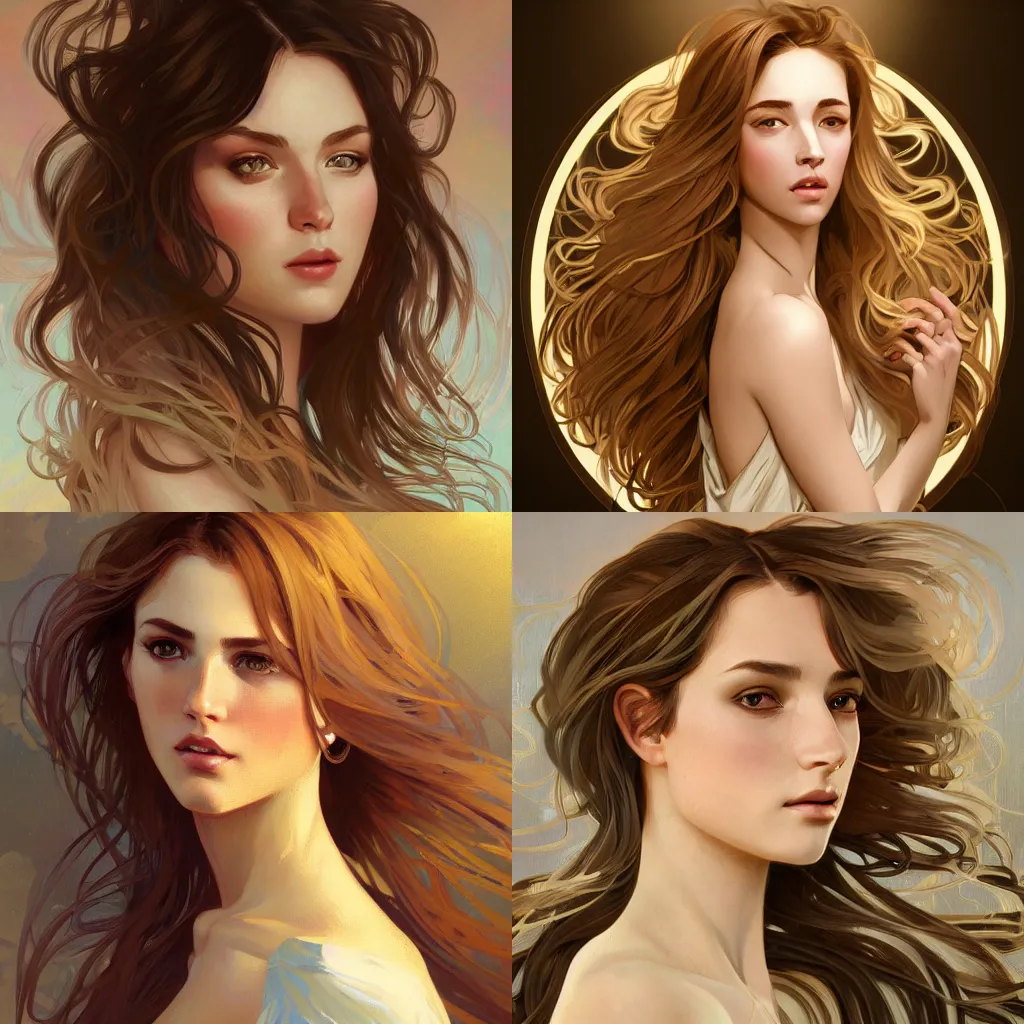 Prompt: addison rae digital portrait, high quality brushstrokes and ethereal lighting, flowing hair, beige and gold tones, alphonse mucha, diego fernandez, Janice Sung, artstation, deviantart, pixiv