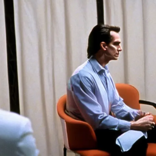 Image similar to cinematic scene of Patrick Bateman from American Psycho in therapy, talking to a therapist in a transparent raincoat