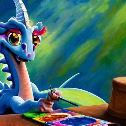 Image similar to a dragon is painting on an esel canvas, by Pixar, 8k