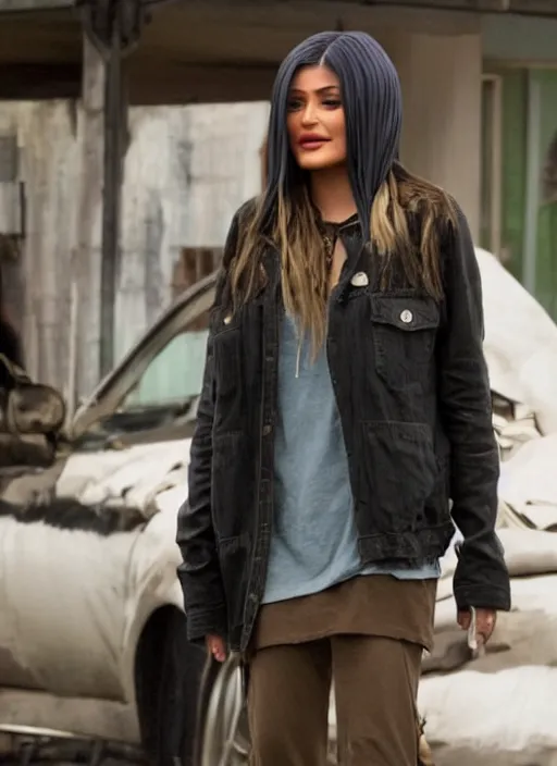 Prompt: film still of kylie Jenner as Frank Gallagher on shameless