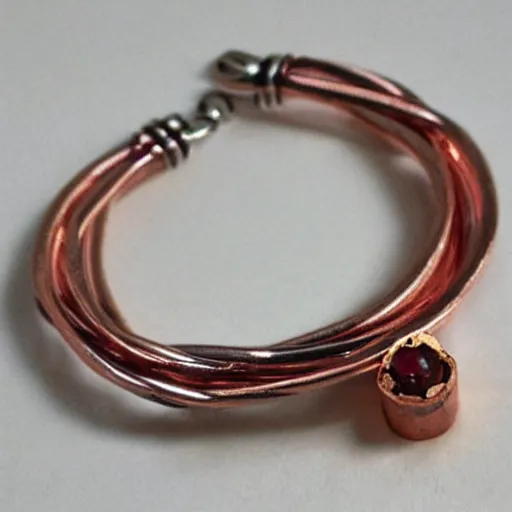 Prompt: 22 gauge copper wore bracelet entwined with rubies