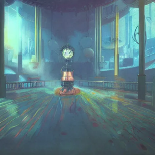 Prompt: a painting of a rapture from bioshock by studio ghibli, golden hour, dreamy, misty, cool, detailed