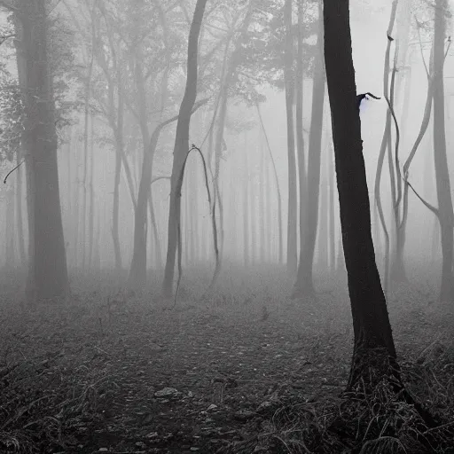 Prompt: mysterious and scary forest, mist, birds, a little daemond , 1972 photo