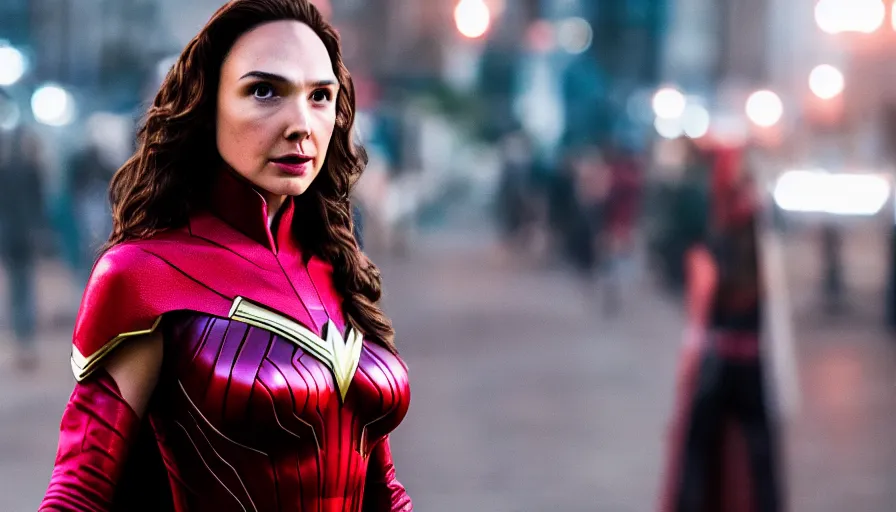 Prompt: cosplay Gal Gadot as Scarlet Witch, photography 4k, ultra wide, f1.8 anamorphic, bokeh, 4k,