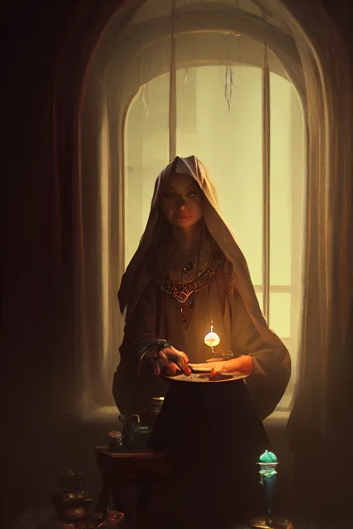 Prompt: the fortune teller, illustration, soft lighting, soft details, dark mood, painting oil on canvas by Cedric Peyravernay octane render trending on artstation d&d characters, 4k, 8k, HD