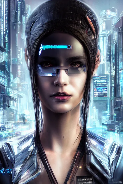 Image similar to a portrait of a cyberpunk female, detailed, realistic eyes, symmetry features proportions, intricate facial details, nano tech, cybertech wear, synthwave, award winning, trending in cgsociety artstation deviant art