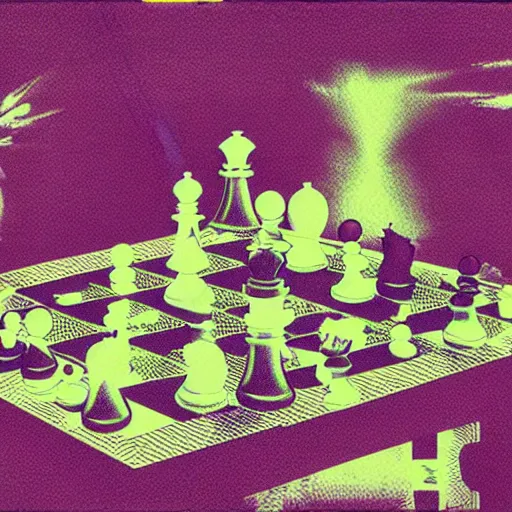 Image similar to risograph found footage of a chess explosion, void, computer glitches