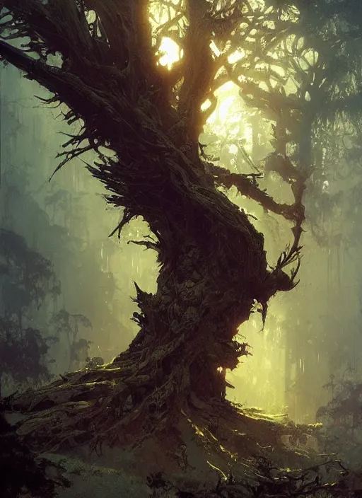 Image similar to giant dead tree, intricate, elegant, highly detailed, vivid colors, john park, frazetta, sparth, ruan jia, jeffrey catherine jones