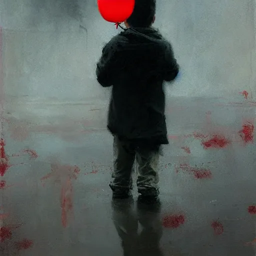 Image similar to lonely kid with a red balloon, gloomy, painting by jeremy mann