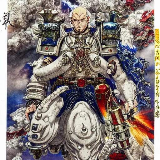 Image similar to prompt: portrait drawn by Katsuhiro Otomo, inspired by Warhammer characters, magical and alchemical objects on the side, soft light, white background, intricate detail, intricate ink painting detail, sharp high detail, manga and anime 2000