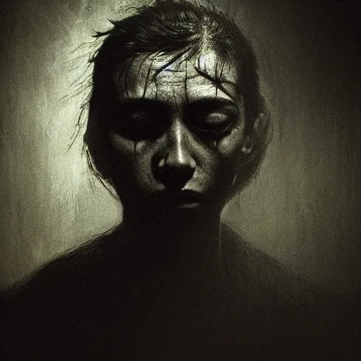 Image similar to dark expressive portrait of the digitally glitched soul, dramatic lighting, lonely, god rays, edges, universal background, facial expression, chiaroscuro, atmospheric lighting, motion design, by Beksinski, maze, sharp focus, deviantart, irridescent, intense knowledge