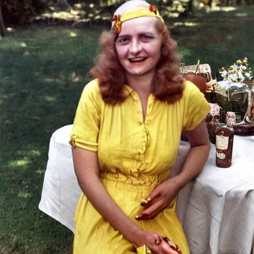 Prompt: an image of a queen with tan skin long rippling cinnamon hair and emerald colored eyes attending a barbecue for youth volunteers in a medium full shot, vintage historical fantasy 1 9 3 0 s kodachrome slide german and eastern european mix. she is pictured smiling at the camera. she is dressed in a yellow white midi shirt dress paired with a floral classic pump.