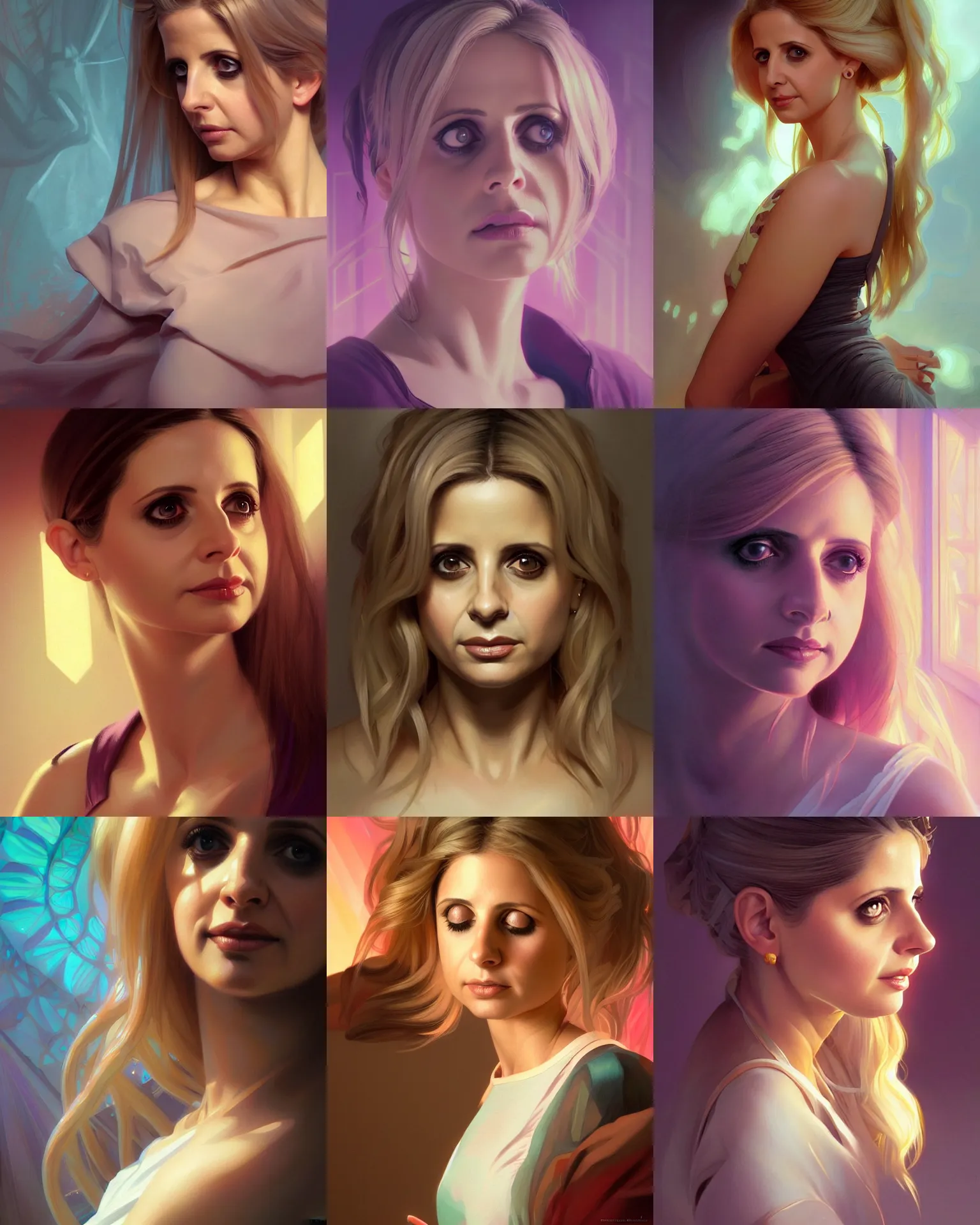 Prompt: detail portrait sarah michelle gellar, vaporwave, bedroom, highly detailed, digital painting, artstation, concept art, smooth, sharp focus, illustration, art by artgerm and greg rutkowski and alphonse mucha