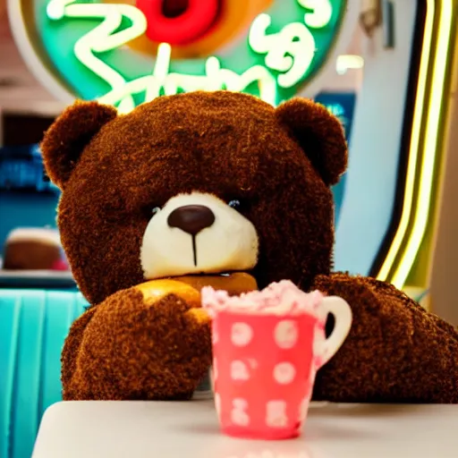 Image similar to a teddy bear eating a donut at a 1950s neon diner