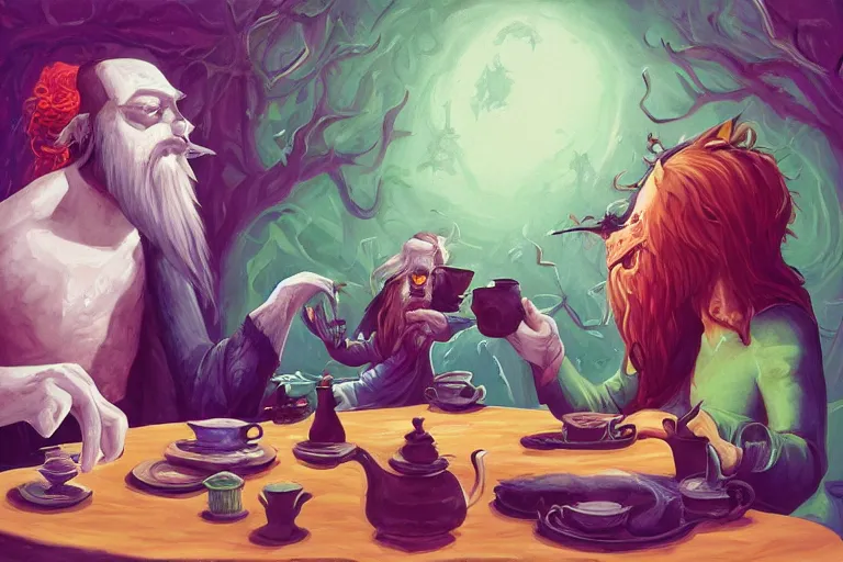 Prompt: Liz (sorceress), Tim (bearded alchemist) having tea with the Voidlings (creatures of the void) | fantasy painting