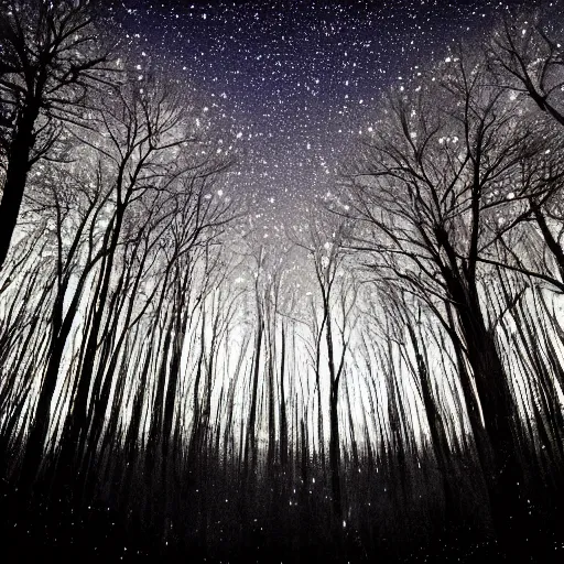 Prompt: wrought silver forest under a moonlit star filled sky filled with fireflies