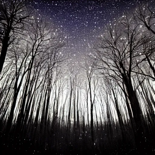 Image similar to wrought silver forest under a moonlit star filled sky filled with fireflies