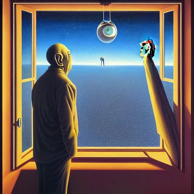 Prompt: an oil on canvas portrait of a man waking up and an alien is looking in through the window, surrealism, surrealist, lovecraftian, cosmic horror, rob gonsalves, high detail