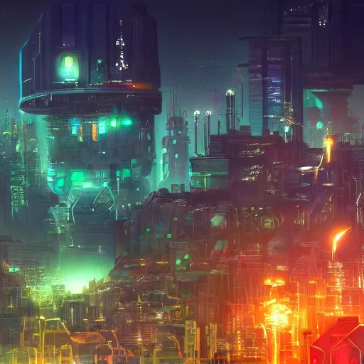 Image similar to a city of light built in the side of a giant robot corpse repurposed to save the planet, set in the distant future, plants, light prisms, rainbow diffraction, steampunk, cyberpunk, warm lights, anime, vhs distortion