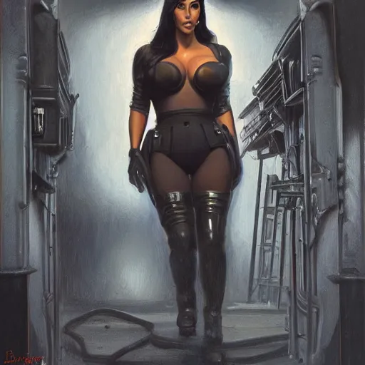 Image similar to kim kardashian as a cop, full body view, full pov, haunted house interior, pretty, aesthetic, dust molecules, matte detailed photo, DeviantArt, Artstation, by donato giancola, ralph horley, loish, cinematic lighting