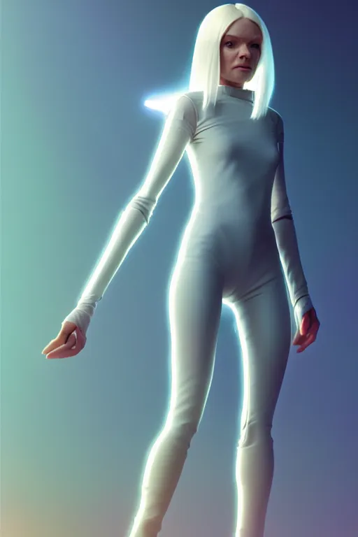 Prompt: upright and straight women, scifi, futuristic design, full body model, long white hair, character design, cinematic lighting, highly detailed, by beeple, goro fujita, smooth gradient.