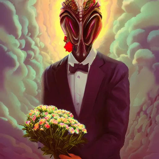 Prompt: extraterrestrial gentlemen holds a bunch of flowers, artstation, kinkade
